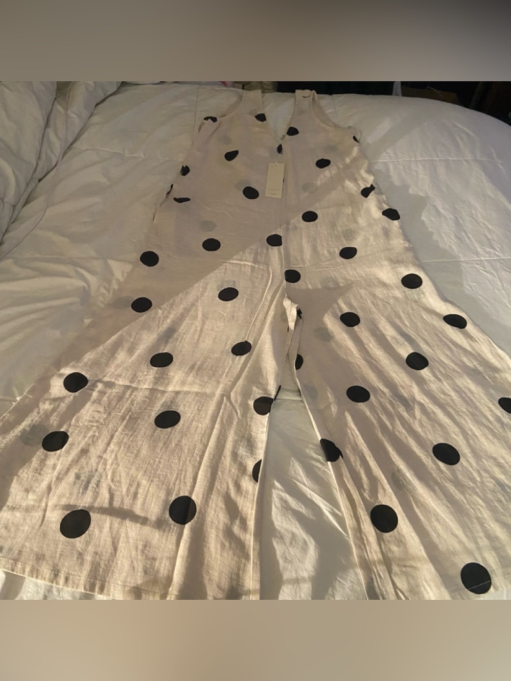 Sleeveless Cream Jumpsuit with Black Polka Dots